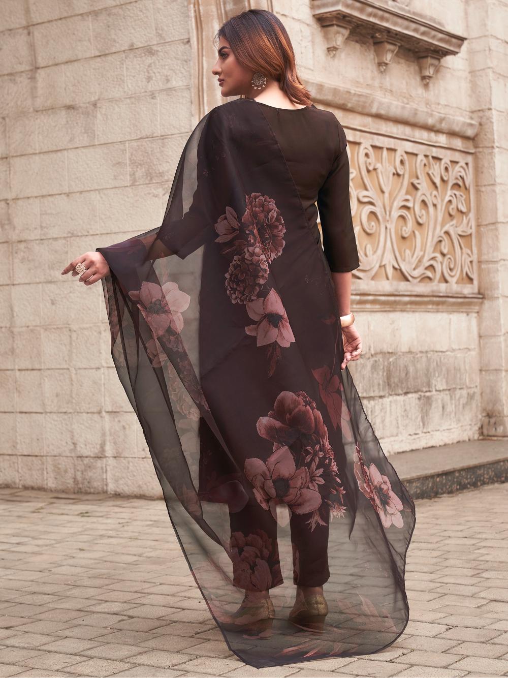 BROWN COLOR SILK BLEND WITH PRINTED DUPATTA AND TAN COLOR EMBROIDERED KURTASET